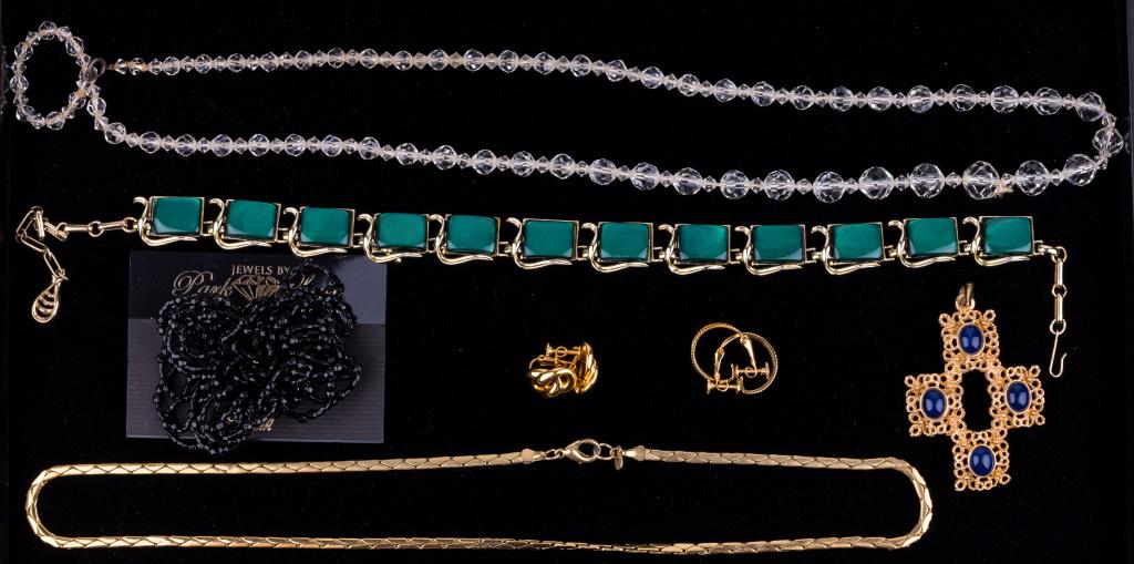 Vintage Jewelry & Givenchy: Lot of 7 pieces of jewelry including 3 necklaces (one gold tone marked Givenchy), 2 pairs of Napier clip earrings, pendant and Park Lane. All others unsigned. The necklace marked Givenchy measures app