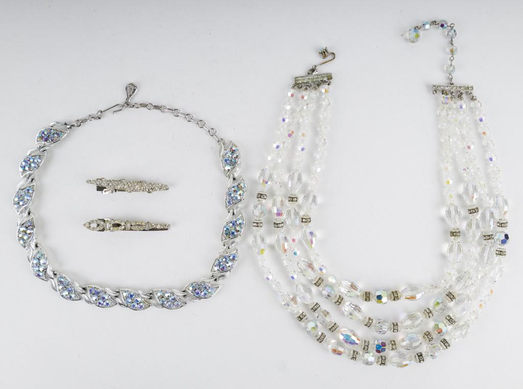 Vintage Rhinestone Necklaces & Hair Clips: One Vendome 4 strand glass faceted stones (approx 15" L), Coro blue rhinestone (approx 15" L) and 2 hair clips.