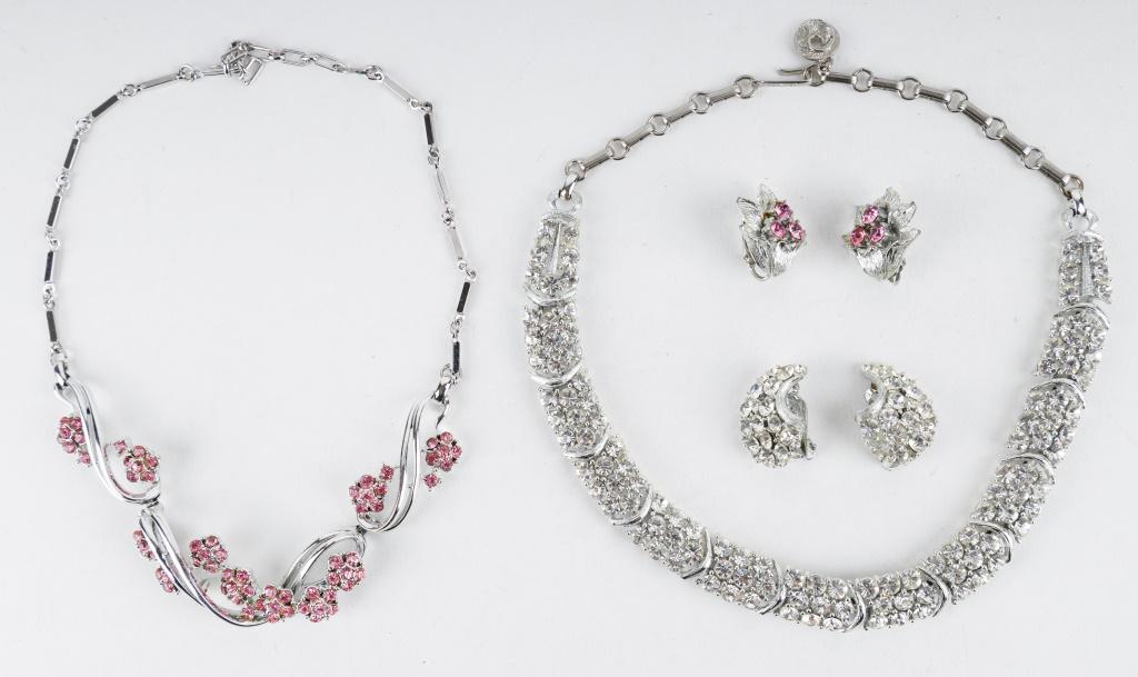 Vintage Costume Jewelry Sets: Two vintage gold tone rhinestone costume jewelry sets including a Coro pink rhinestone necklace and clip earring set as well as a Lisner choker necklace and earring set (necklace measures approx 14" L