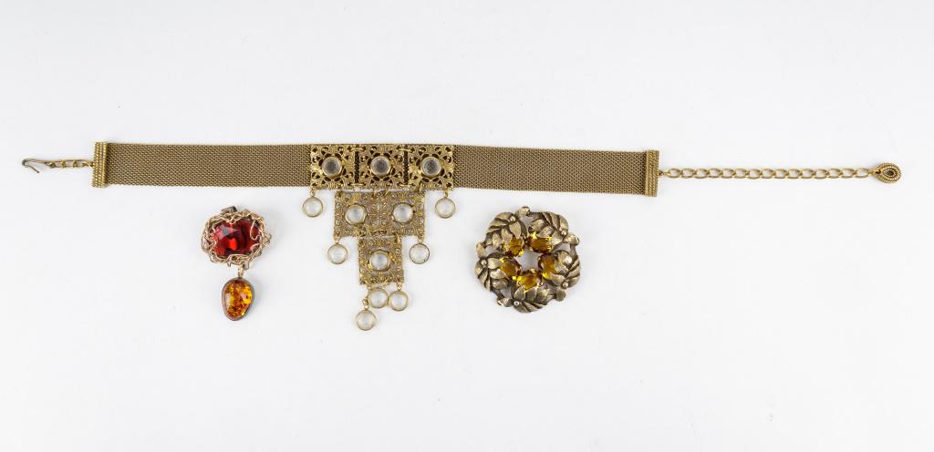 Vintage Gold Filled Jewelry: Lot of vintage gold filled costume jewelry includes CINI sterling and yellow rhinestone brooch, Victorian style choker necklace (approx 13" L) and SAAS 405 sterling silver pendant with gold fill wire,