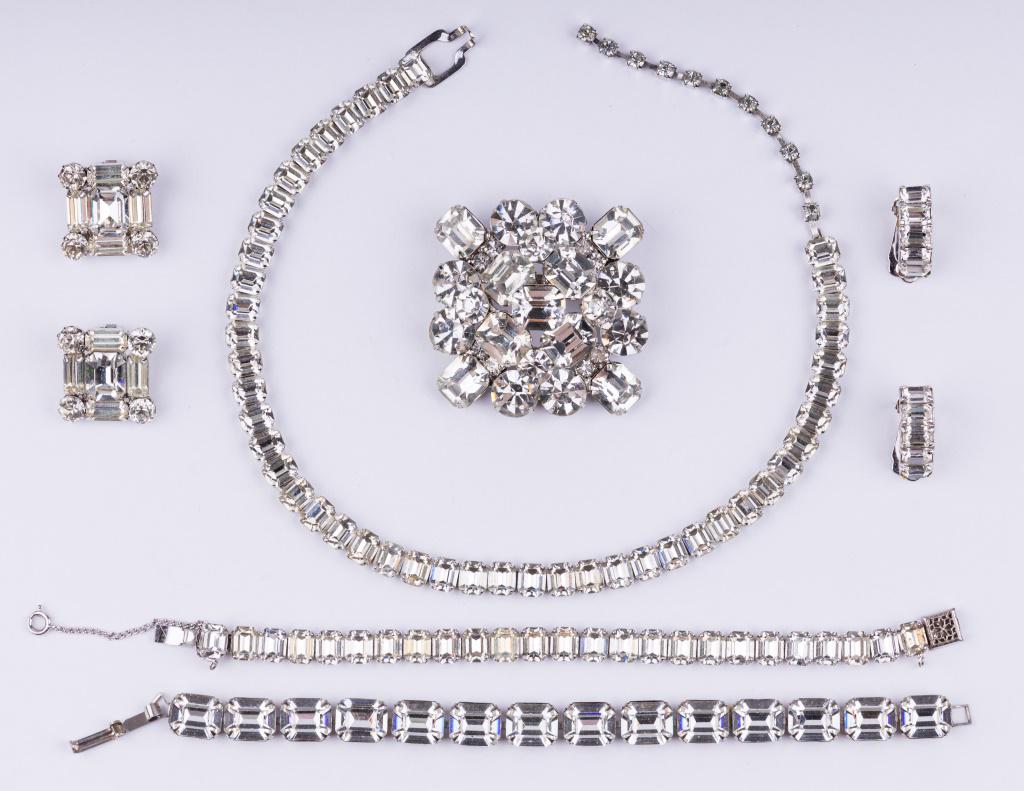 Vintage Costume Jewelry Sets: Two costume jewelry sets including Eisenberg necklace (approx 15" L), bracelet (approx 7" L) and clip earring set, as well as a bracelet, brooch and clip earring set (unsigned).