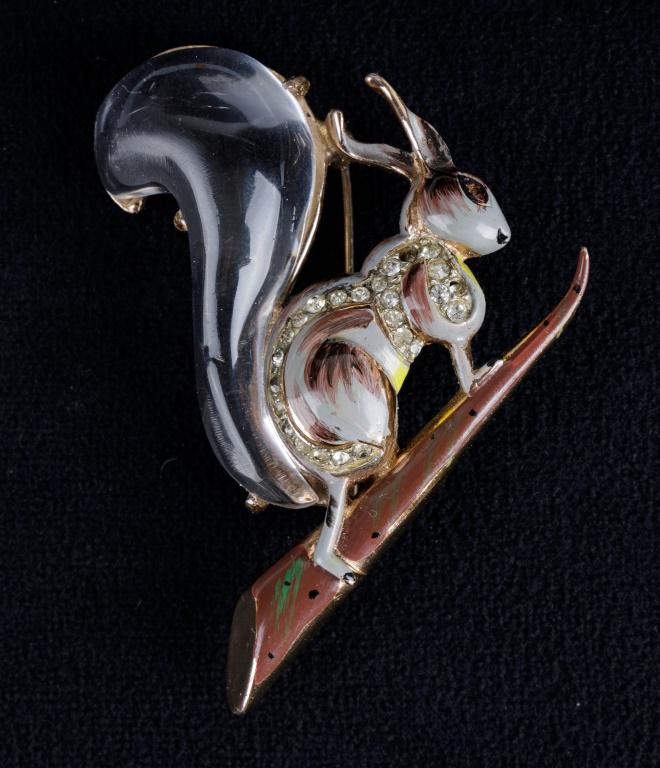 Early Corocraft Sterling Jelly Squirrel Brooch: Early rare Corocraft sterling silver large enamel squirrel brooch with large Jelly tail.
