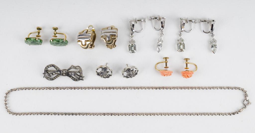Vintage Sterling Silver & GF Jewelry: Lot includes 2 exact pairs of dangle screw back rhinestone earrings, pair of gold plated and sterling silver earrings, sterling ball chain, sterling bow brooch, two pairs of 12K GF earrings and anothe