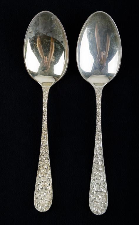 S. Kirk & Son Sterling Silver Repousse Flatware: Lot of two large S. Kirk & Son sterling silver repousse serving spoons. Total weight approx 4.0 ozt.