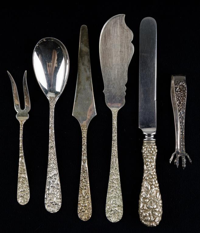 S. Kirk & Son Sterling Silver Repousse Flatware: Lot of six S. Kirk & Son sterling silver repousse servers includes fish knife, appetizer olive fork, jelly spoons, sugar cube tongs, knife and spreader. Total weight approx 5.7 ozt.