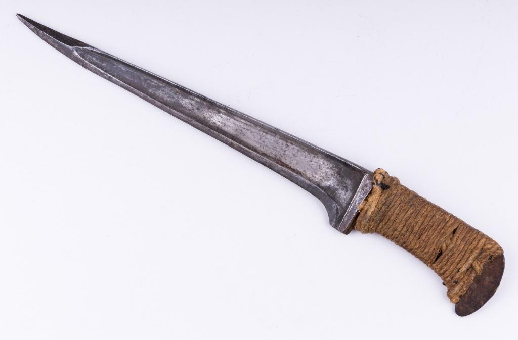 Antique Khyber Choora Dagger: This antique kyber choora dagger from Afghanistan has a wrapped and woven jute grip. Measures approx 15" L.