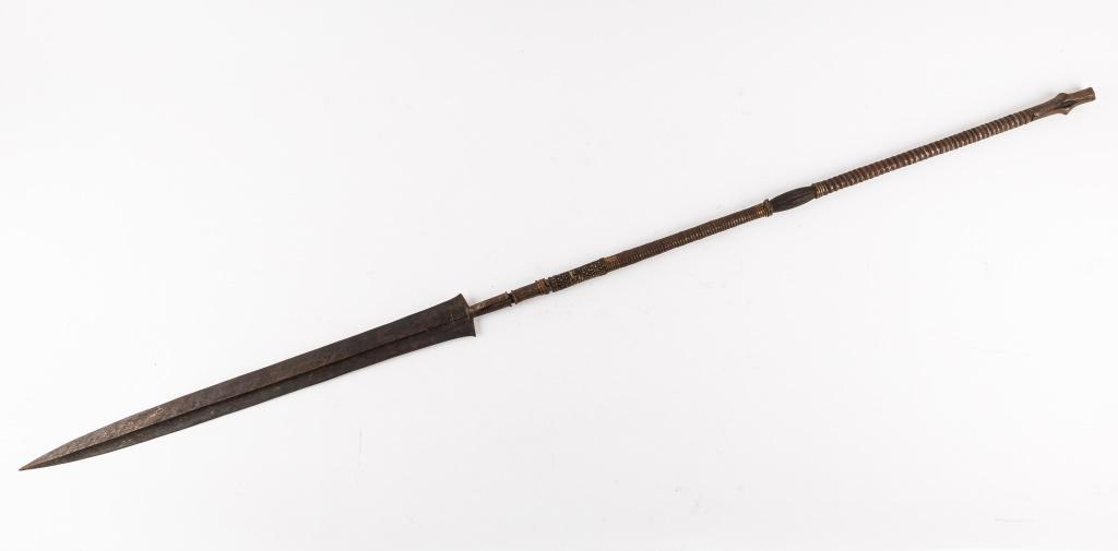 Antique African Ngbandi Tribal Spear: Antique Ngbandi spear is over 100 years old and originates from Northern Congo and was acquired from an old Belgian collection. The sword was collected in the 1920s colonial period. Measures approx 63
