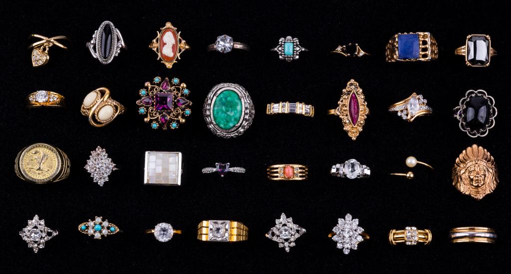 Vintage Costume Jewelry Rings: Lot of 30+ rings includes Lucerne ring watch and other names including Lia Sophie, Sarah Coventry, Avon and others.
