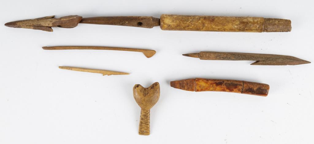 Antique Harpoons & Tools: Antique Inuit inupiaq (Inupiak) artifacts from Savoonga, Wales & Koyuk, Alaska. One is an assembled sea harpoon with the primary, intermediary and harpoon head laid out (approx 11" L). There are also 