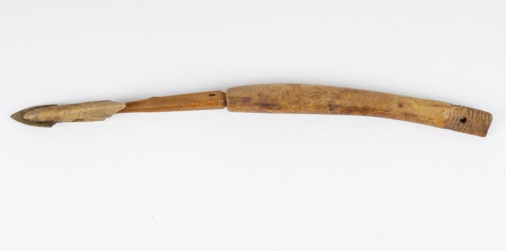 Antique Inuit Seal Harpoon (3 Parts): Antique Inuit inupiaq (Inupiak) artifacts from Savoonga, Wales & Koyuk, Alaska. This antique seal harpoon consists of primary socket, intermediary shaft and harpoon head with metal blade. Overall leng