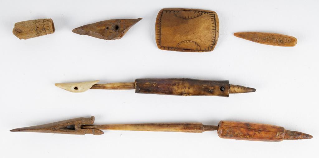 Antique Inuit Diminutive Children's Artifacts: Antique Inuit inupiaq (Inupiak) artifacts from Savoonga, Wales & Koyuk, Alaska. Artifacts were created by children to learn the skills required to make tools in adult hood. Includes a miniature seal h