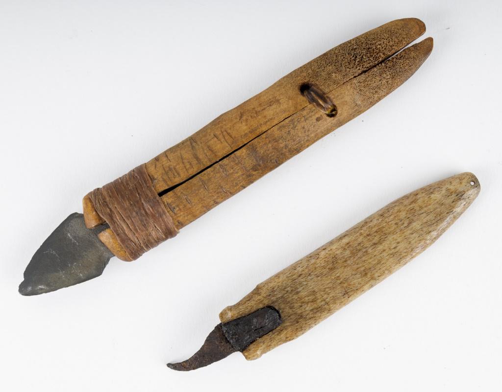 Antique Inuit Crooked Knives: Antique Inuit inupiaq (Inupiak) artifacts from Savoonga, Wales & Koyuk, Alaska. One crooked knife and slate bladed knife with two piece handle (approx 6.5"L)