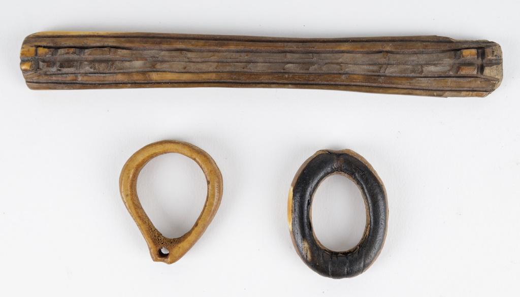 Antique Inuit Carved Loops & Basket Handle: Antique Inuit inupiaq (Inupiak) artifacts from Savoonga, Wales & Koyuk, Alaska. Includes a basket handle (approx 7"L and 2 loops.