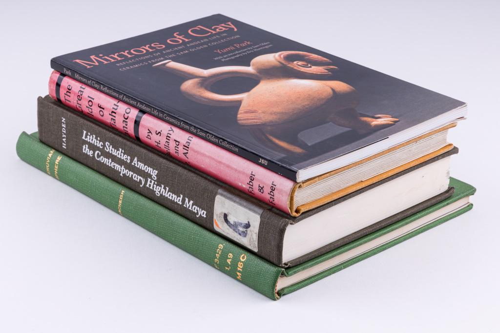 Archaeology Books: Lot of 4 archaeology books consists of "The Great Idol of Tiahuanaco" by Bellamy and Allan (1959), "Mirrors of Clay" by Yumi park (2012), "Lithic Studies Among the Contemporary Highland Maya" by Hayde