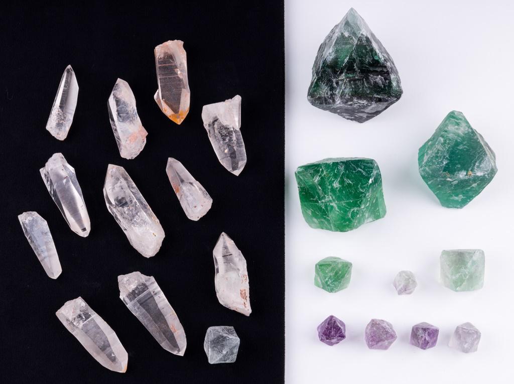 Natural Fluorite & Lemurian Crystals: Lot consists of 11 natural fluorite crystals (largest fluorite point to point is approx 4"), 11 natural Lemurian crystals.