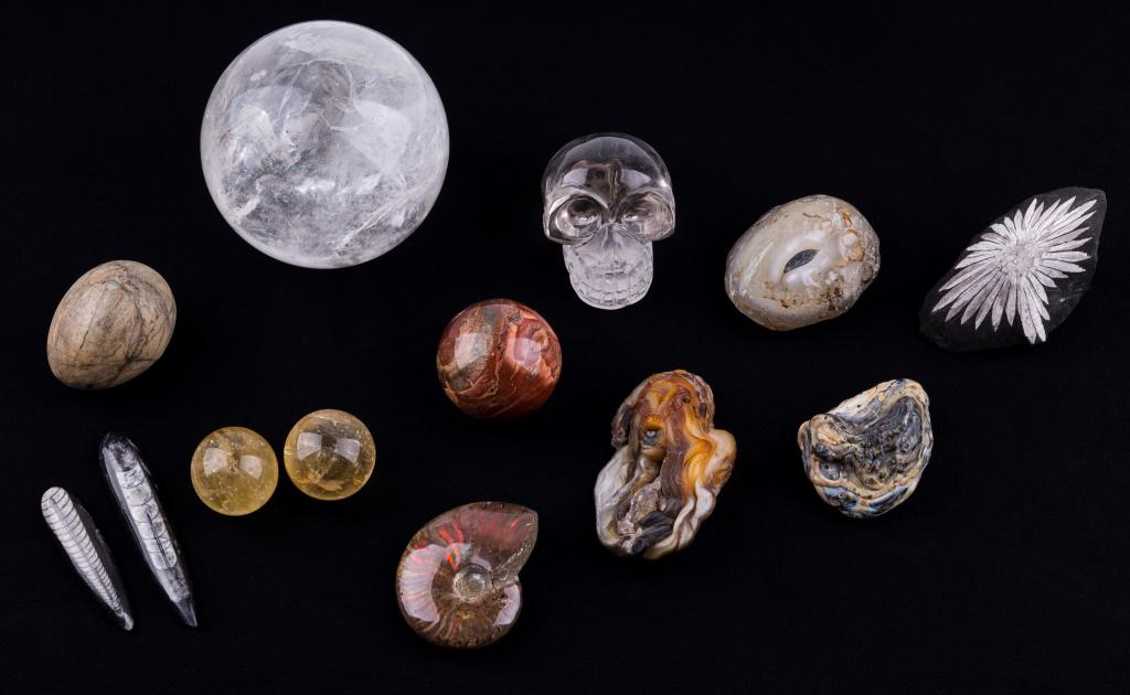 Natural & Polished Minerals: Lot consists of a large crystal ball (approx 4" dia), 2 small quartz crystal balls (approx 1 3/8 dia each), 3 agate chalcedony, chrysanthemum pyrolusite, 2 orthoceras, jasper ball (approx 1 7/8" dia),