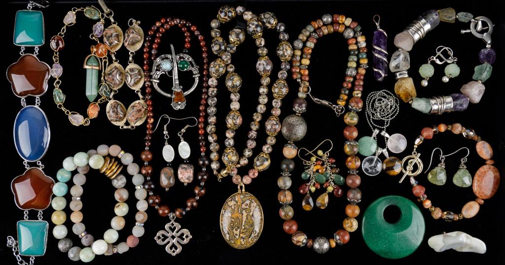 Sterling and Stone Jewelry: A collection of sterling, stone, and more jewelry featuring an artisan 8" bracelet with unusual sterling toggle closure and handmade sterling beads paired with rough stone beads (amethyst, rose and gr