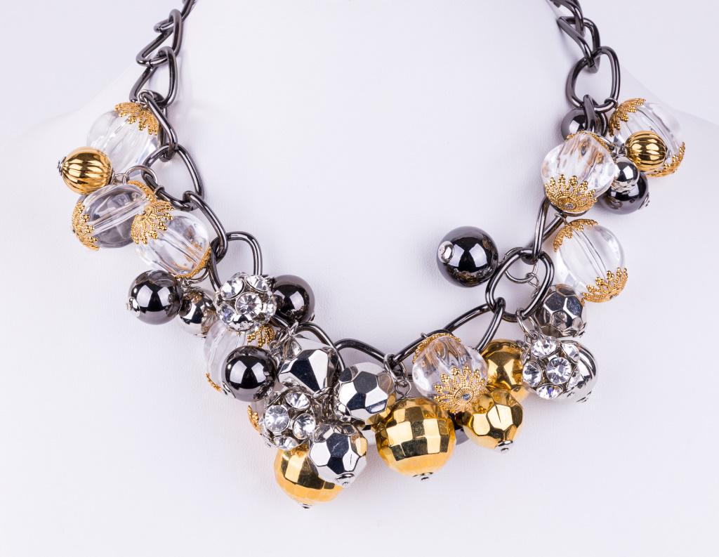 Joan Rivers Statement Choker Necklace: Joan Rivers statement choker necklace is accented with large hanging bauble beads. Wearable length approx 17" L. Comes with original box. Good condition. See photos.