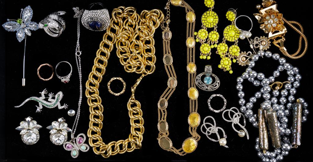 Carolee Earrings Snake Ring and Designer Jewelry: Crystal and pearl drop Carolee earrings, a pave wrap around snake ring of pave stones, salamander brooch, large butterfly stick pin, opal style butterfly necklace and more.