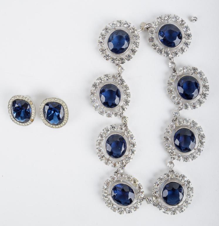 Kenneth Lane Vintage Estate Jewelry: Outstanding Kenneth Lange large choker bib style necklace with large blue faceted and clear crystal stones with matching earrings. Note: 2 small clear crystals missing.