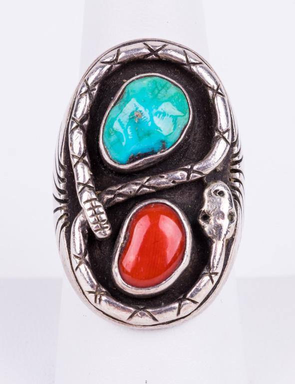 Native Am. Silver Turquoise Coral Snake Ring (1 of 4)