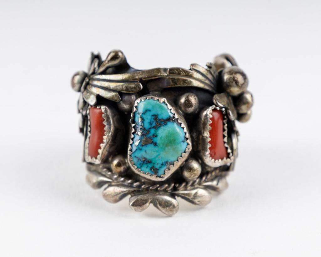 Signed Native Am. Silver Turquoise Coral Ring (1 of 5)
