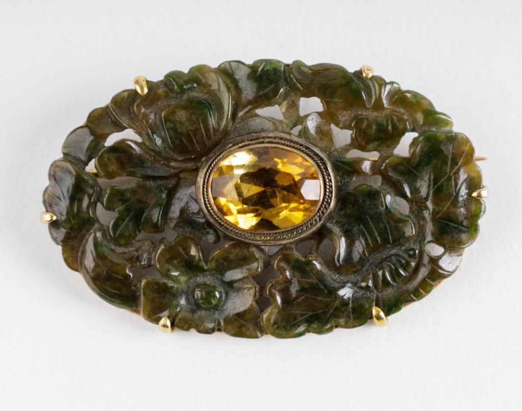 Antique 14K Gold Chinese Jade Citrine Brooch (1 of 2)