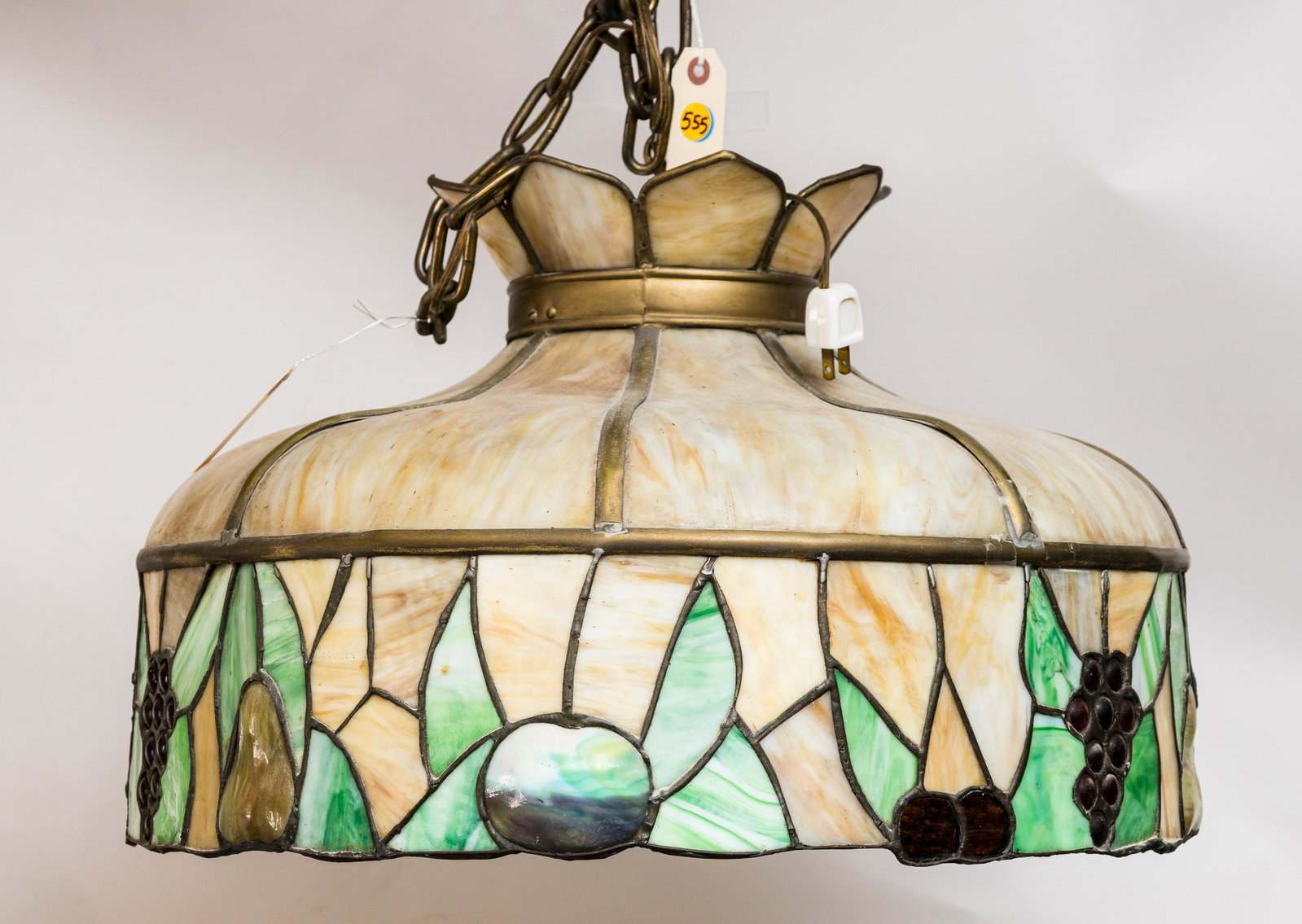 Slag Glass Hanging Light: Light measures 14" H x 21" dia with fruit design in glass. Panels appear in good shape.