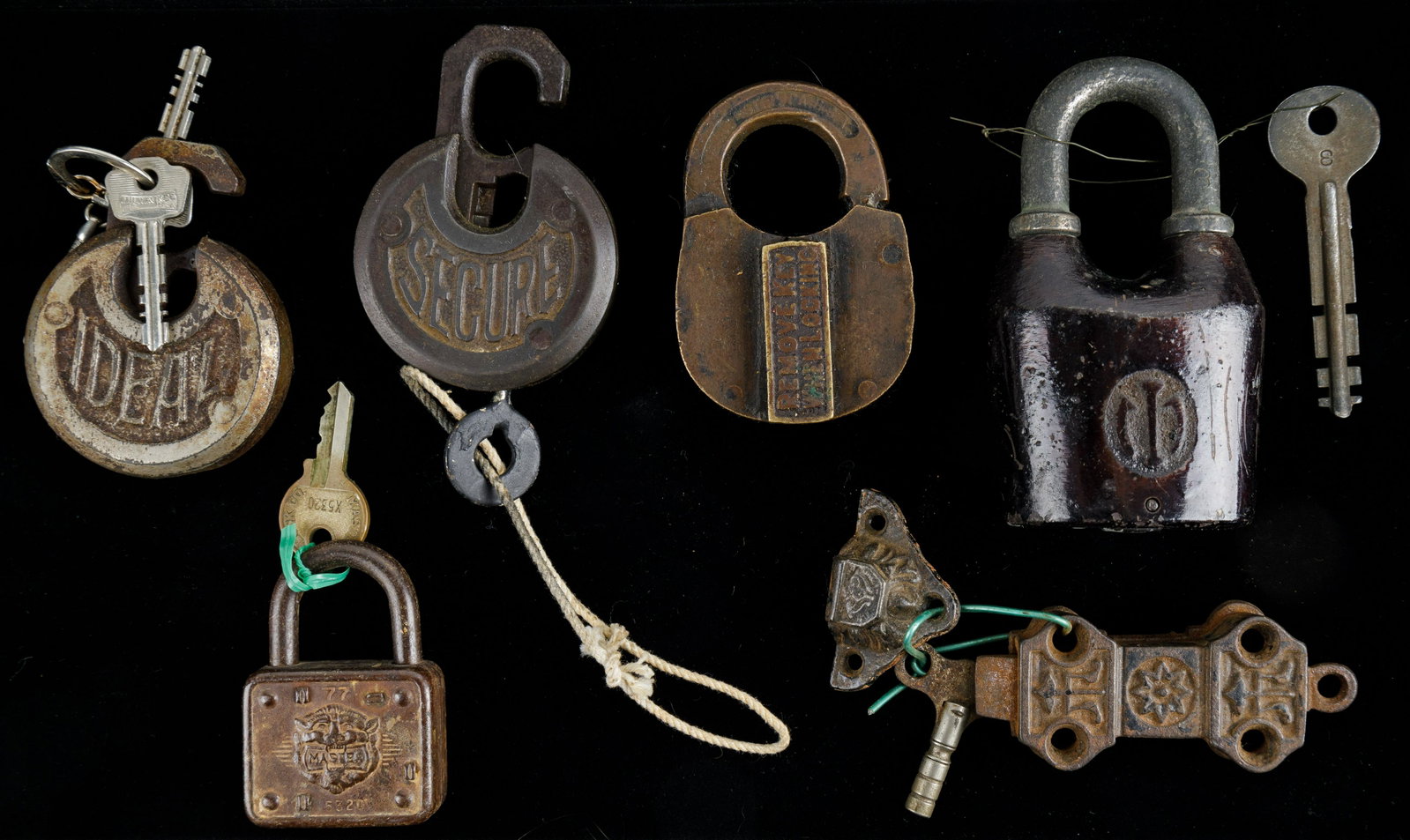 Antique Padlocks: Lot of six antique padlocks including names Ideal, Secure, Master and others. Four of the locks have keys. See photos.