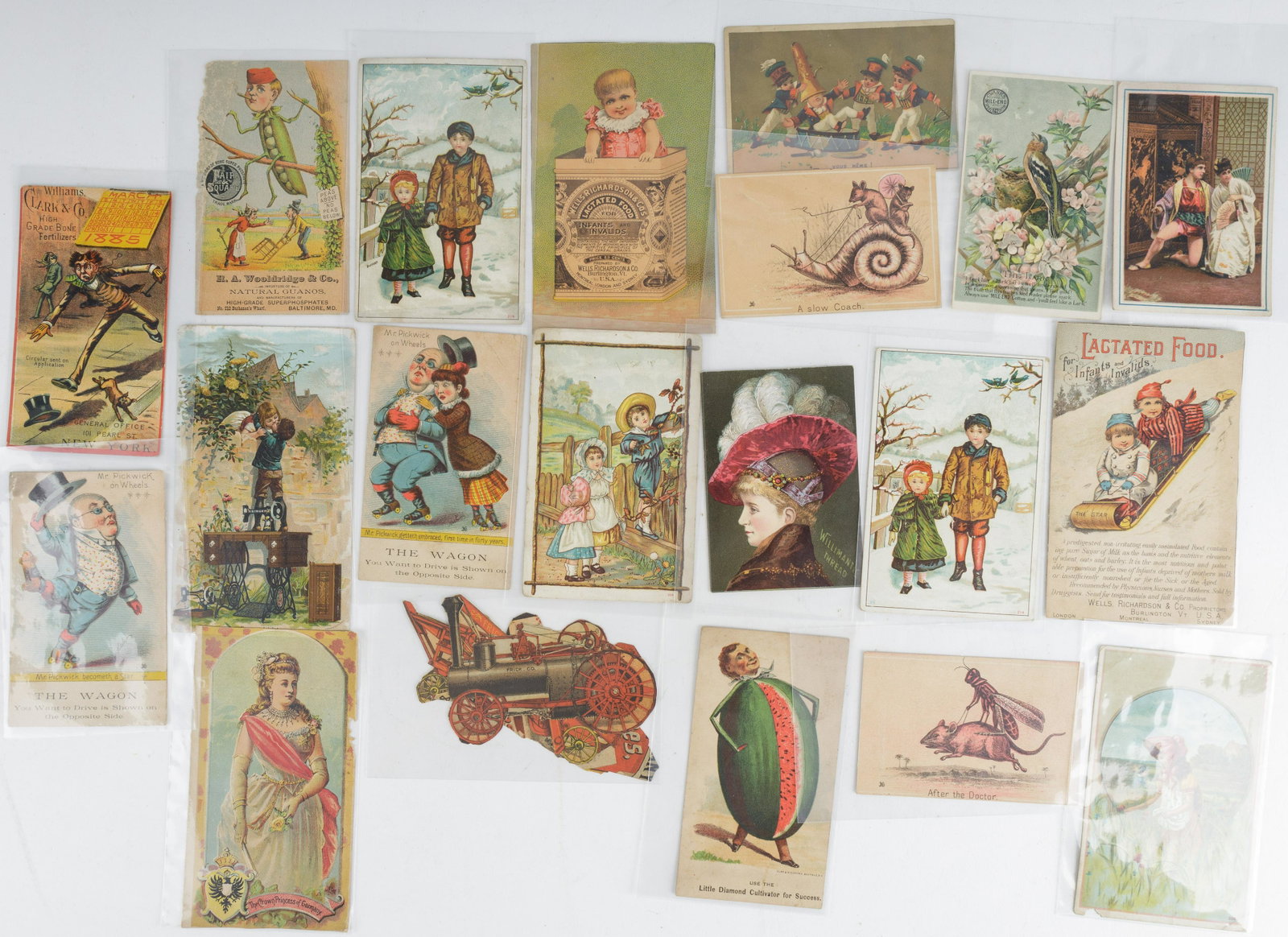 Antique Trade Cards: Lot of 20 trade cards include Woolridge, Webster Wagon, Clark & Co, Sharpless, Parks & Co, Clark's Cotton, Willimantic, Singer and more. Most in plastic protective sleeves. See photos.
