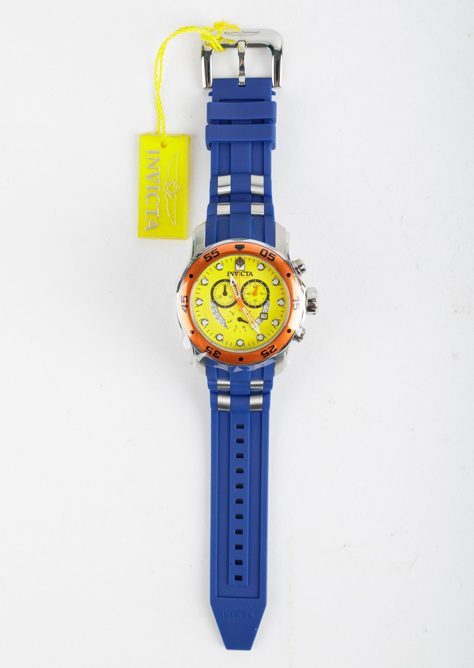 Invicta Men's Pro Diver Watch (NEW): Invicta men's pro diver watch (model 19648) with blue band and yellow face is new with original water resistant box / case. Watch has not been tested. See photos.