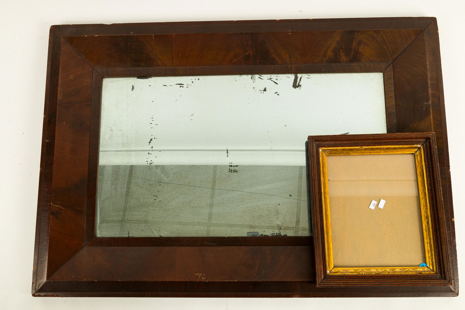 Antique Mirror and Vintage Victorian Frame: 19th C antique mirror measuring approximately 24" x 36" and the frame measures approximately 10.5" x 12.5". The mirror has 19th C Glass / mirror however has some silver loss.