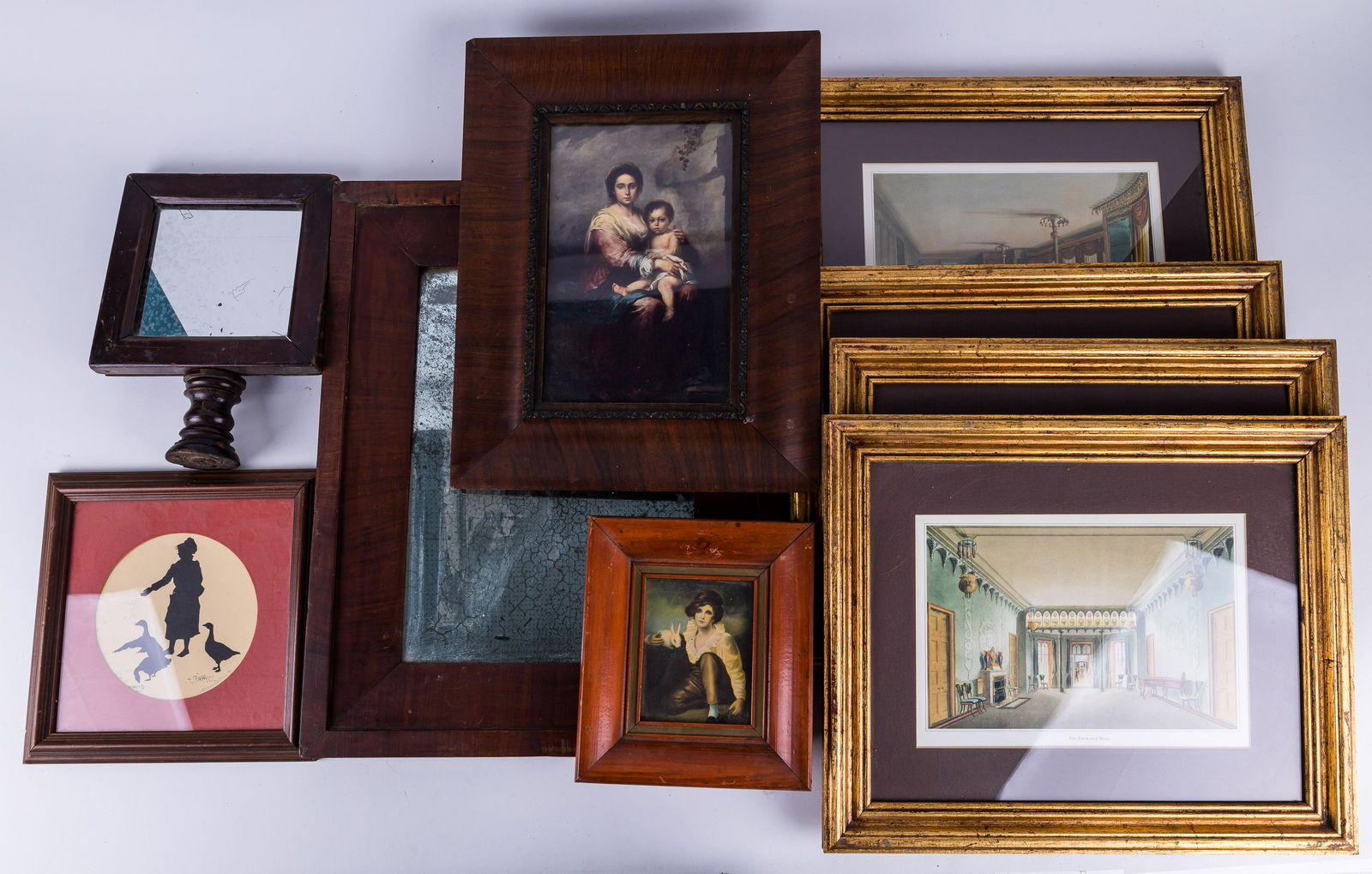 "Holland's Original Villa" Prints Plus: Holland's Original Villa" set of four prints, all nicely framed in gilt wood frames measuring approximately 13.5 x 16 3/4" . This Lot includes a signed silhouette and antique mirrors. The largest mirr