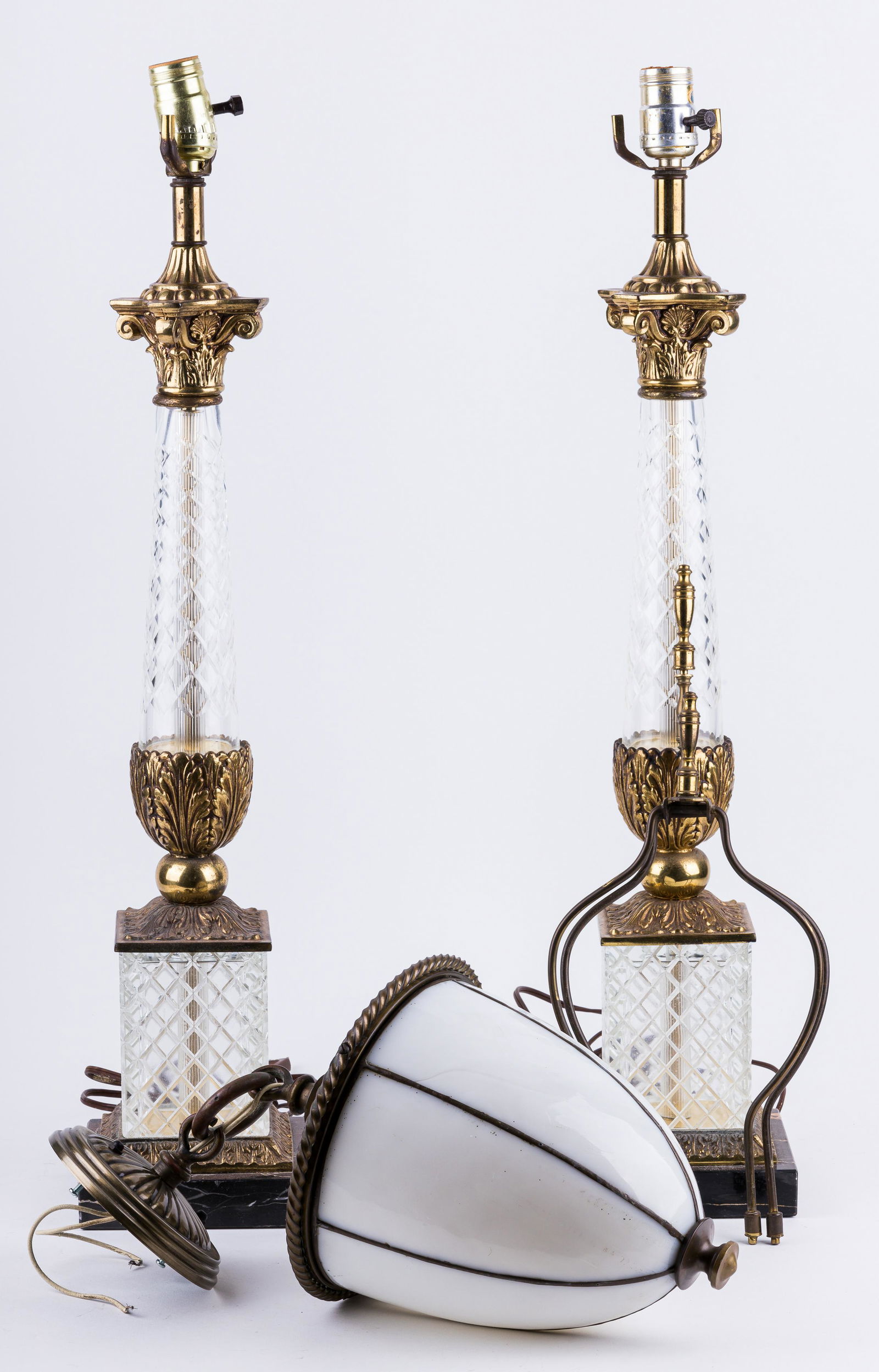 Contemporary Lamps & Slag Glass Shade: Contemporary hanging lamp with slag glass shade and a pair of Hollywood Regency table lamps with marble base (approx 41" H to top of finial). See photos.