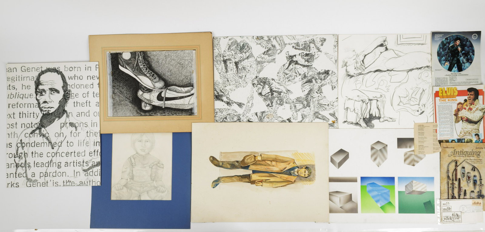 Vintage Art & Elvis Ephemera: Lot includes some pen and ink artwork along with Elvis ephemera. See photos.