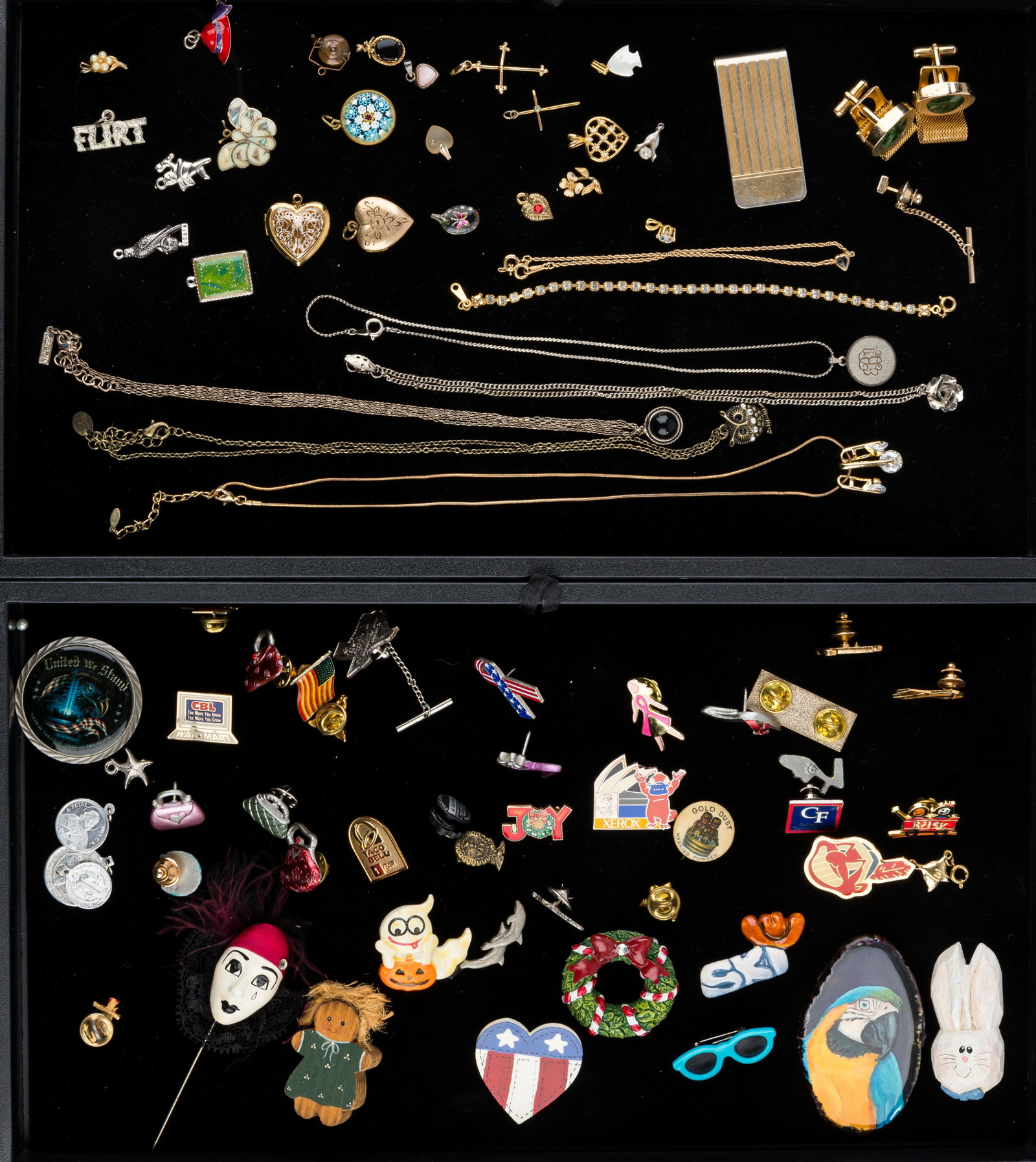 Vintage Necklaces, Pendants, Pin Backs & More: Cuff links have nephrite jade stones. There are 23 pendants / charms including one aquamarine, millefiori, crosses (one marked 14K), two heart lockets (open and close fine). There are six necklaces an