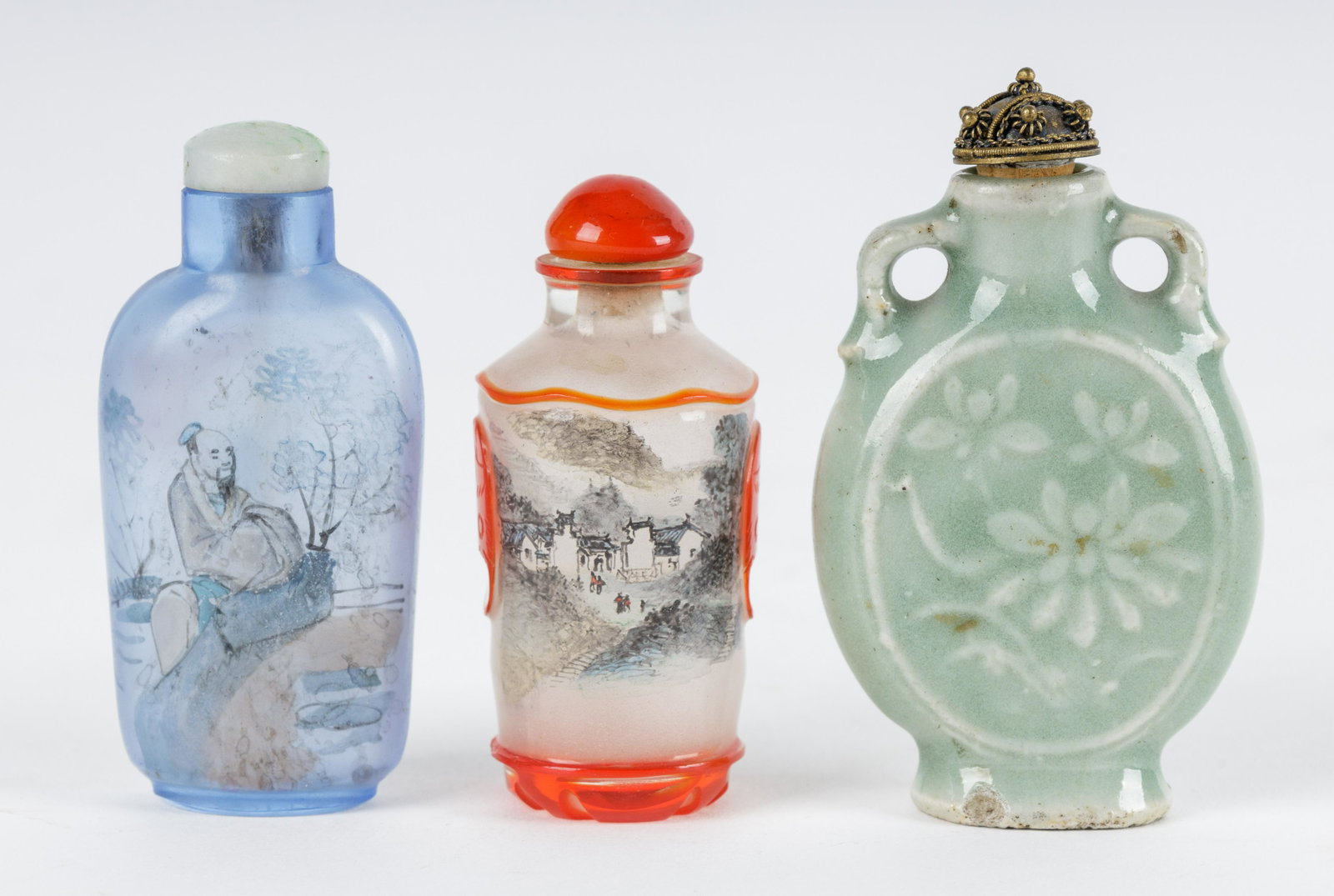 Chinese Snuff Bottles (3): Three small Chinese snuff bottles with lids. See photos.