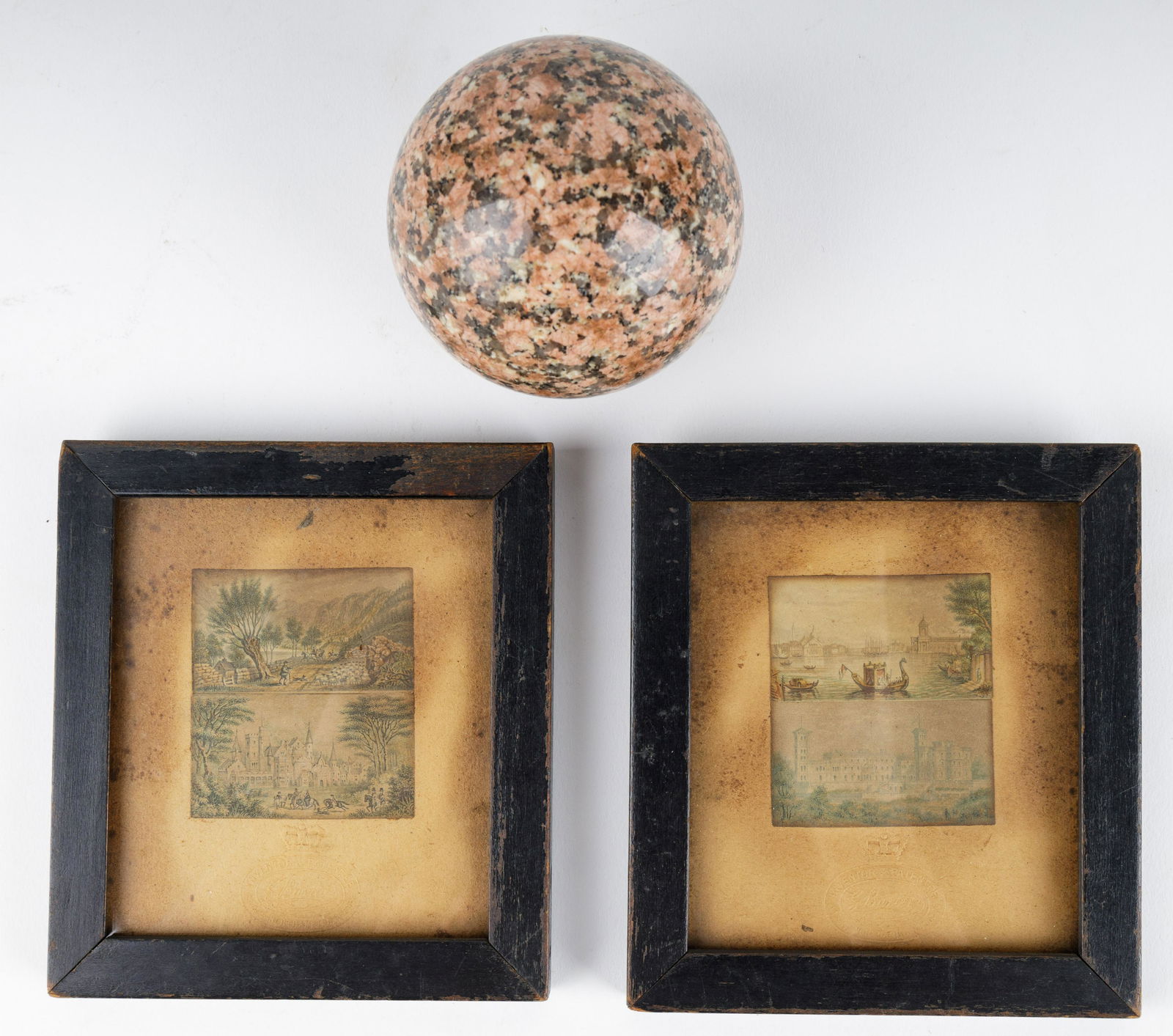 Granite Carpet Ball & Art Prints: Colorful gray, white and pink granite carpet ball with two small art prints. Marked with A.G Banten patent.