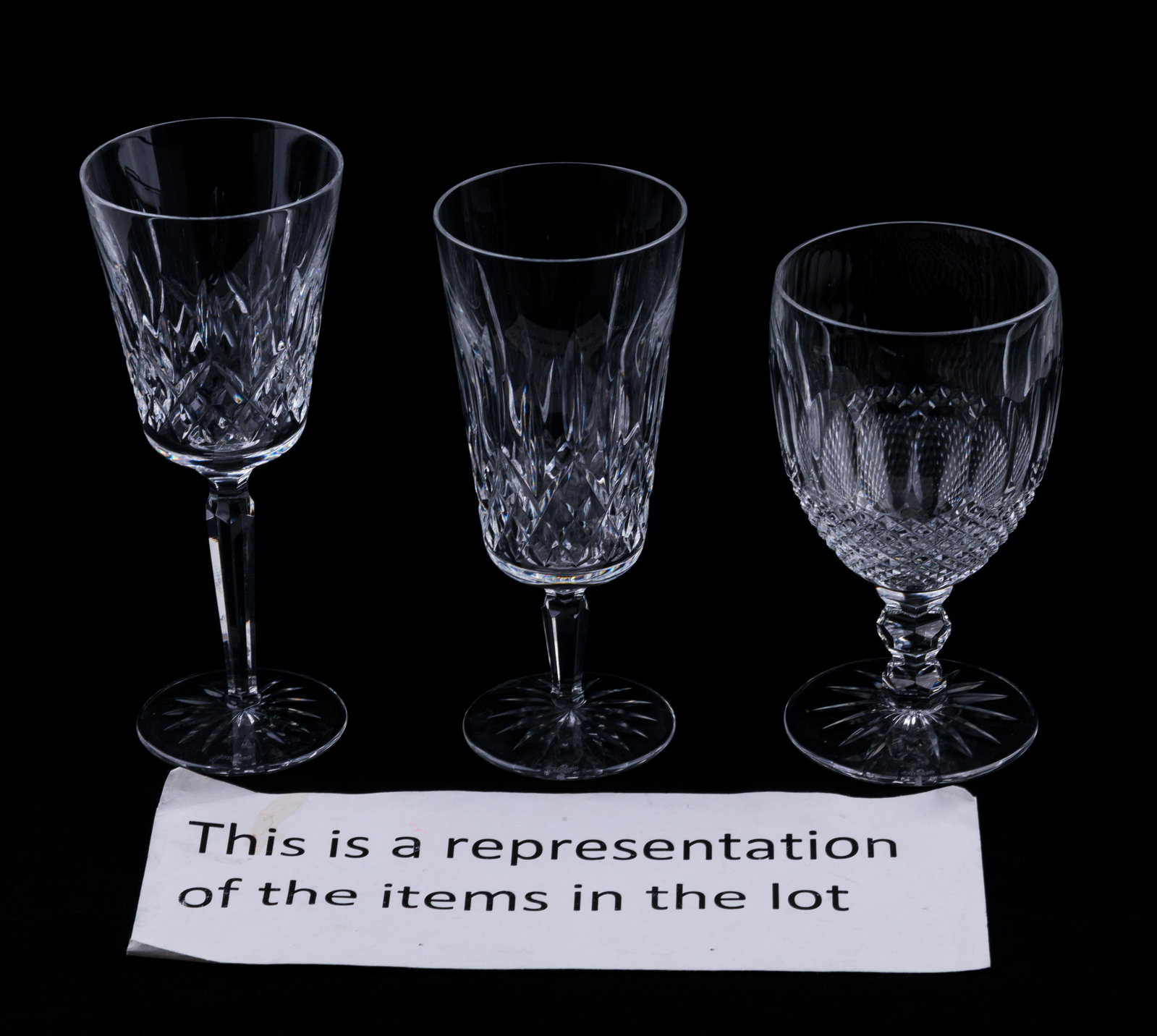 Waterford Crystal Stemware: Lot includes12 Waterford Crystal wine glasses (approx 8.5" H), 12 Waterford Crystal wine glasses (approx 8" H) and 8 Waterford Crystal goblets (approx 7" H). All good condition.