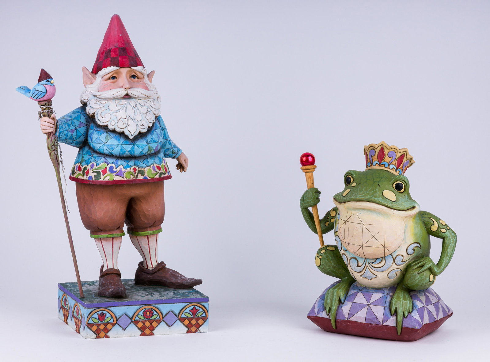 Jim Shore Garden Gnome & Frog: Two garden figurines including 2006 Jim Shore garden gnome #4007763 (approx 19" H) and 2008 Jim Shore frog #4012623. Good condition.