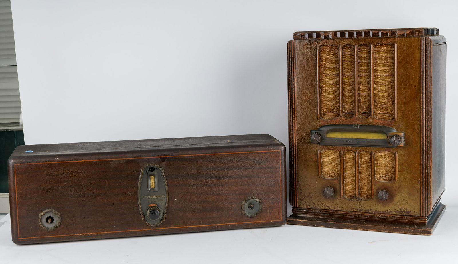 RCA Radiola 18 & General Electric Radios: RCA Radiola 18 measures approx 9.5" H x 27.5" W x 7.5" deep. Sold with a General Electric radio with model number a-70 (approx. 20" H x 14.5" W x 11.5" deep. Not tested, rewiring is recommended
