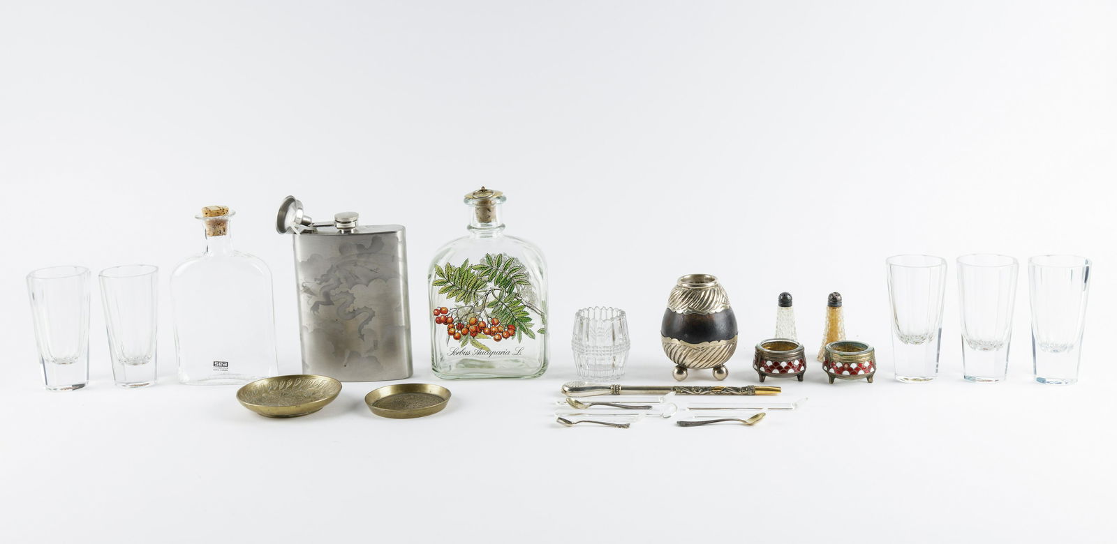 Silver Yerba Mate, Art Deco Salts & Salt Spoons: Silver Yerba Mate, Art Deco Salts, Salt Spoons marked "Siommet". Contemporary Dragon flask marked top shelf flasks stainless steel, yerba mate straw and vessel are marked 800 silver. Two cotemporary b