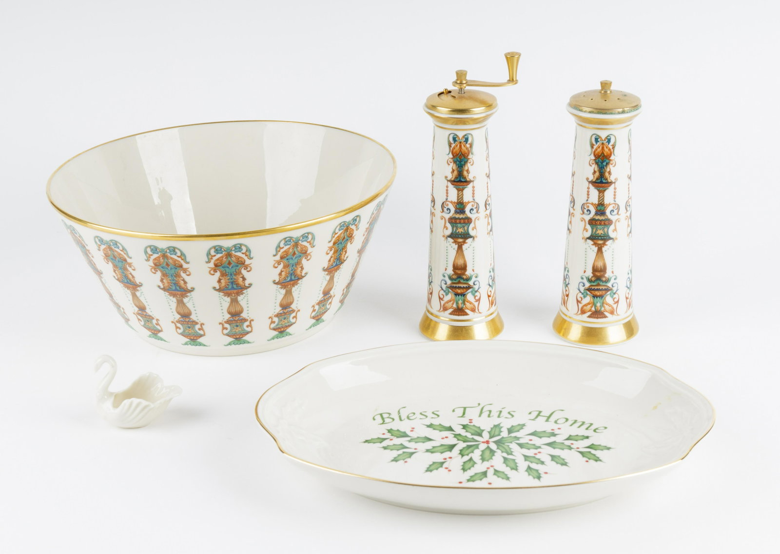 Lenox Collection: Lenox salad bowl measuring approx 10.5" dia with matching salt and pepper shakers and a holiday Lenox platter.