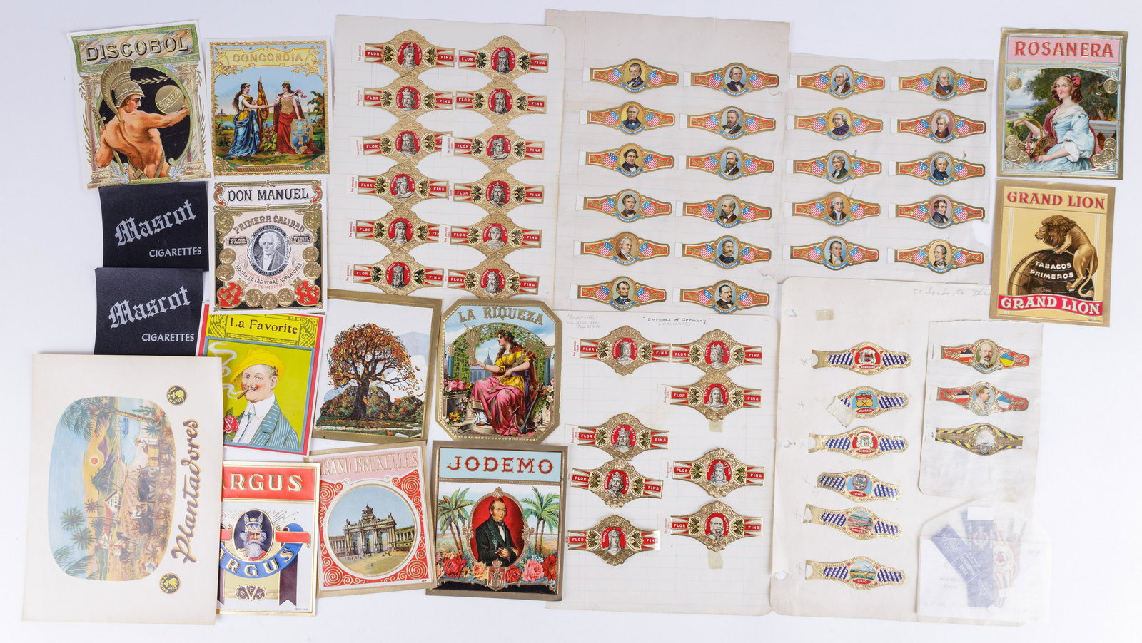Vintage Cigar Labels & Bands: Lot consists of 12 cigar box labels and 63 cigar bands, including Presidential. There are 6 pieces of paper that hold attached items. See photos.