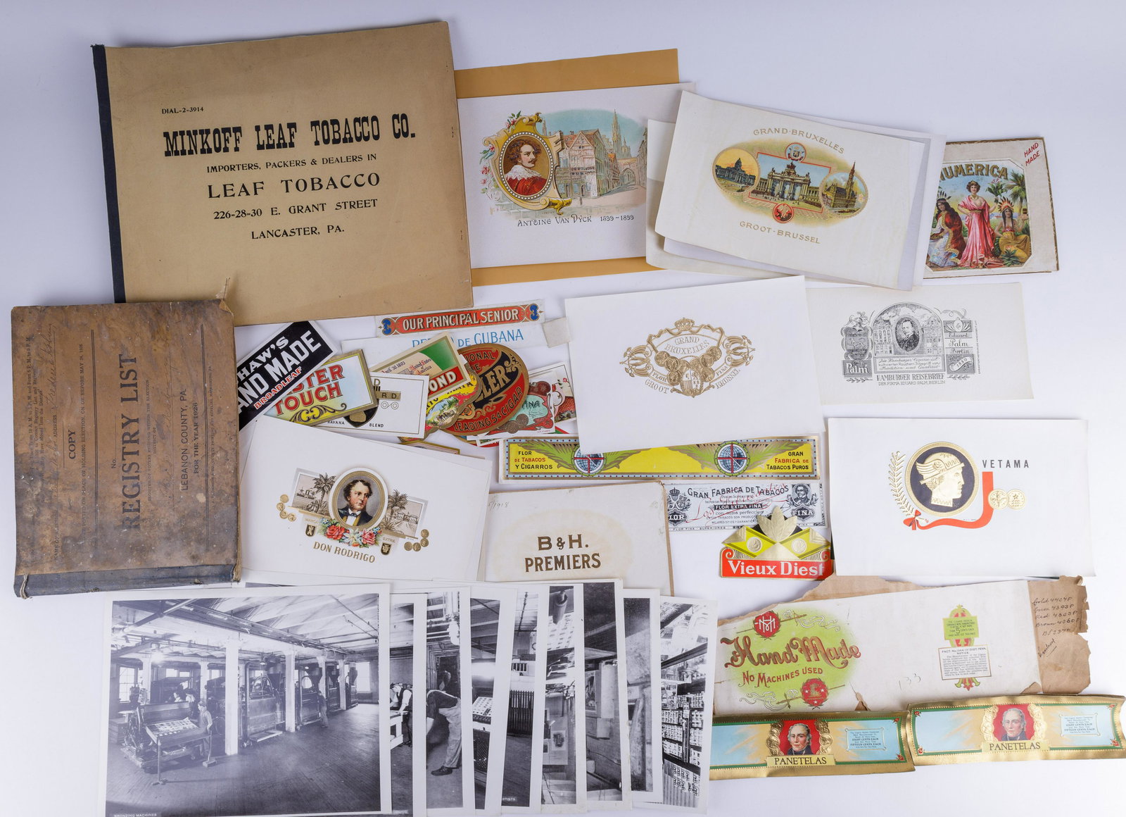 Vintage Cigar Ledgers, Factory, Store & Labels: Lot of 67 pieces of various collectible tobacciana includes three ledgers, nine photos of cigar store and factory as well as 55 cigar box labels. Various conditions. See photos.