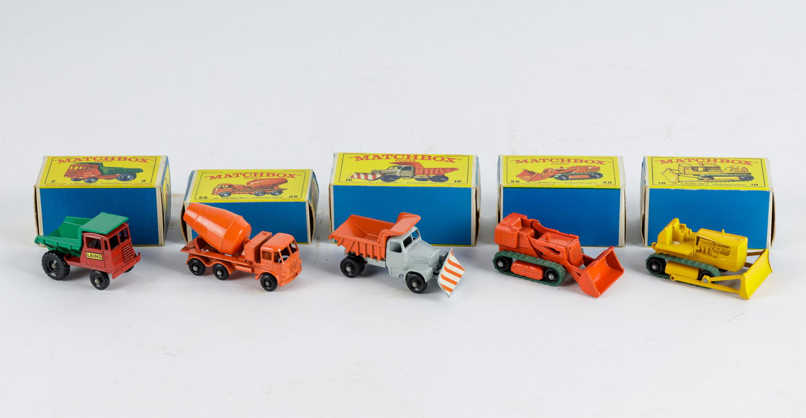 Vintage Lesney Matchbox Cars w/ Original Boxes: Lot of five vintage Lesney Matchbox vehicles including #2, #16, #18, #26, #58. All with original boxes.