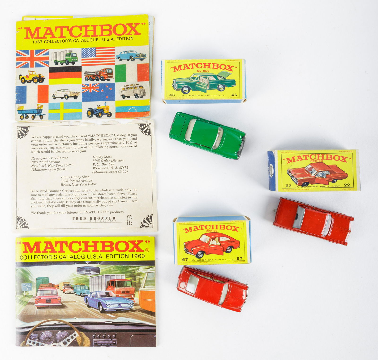 Vintage Matchbox Cars w/ Boxes & Catalogs: Lot includes three series #22, #46, #67 Matchbox cars and Matchbox catalogs from 1967 and 1969.