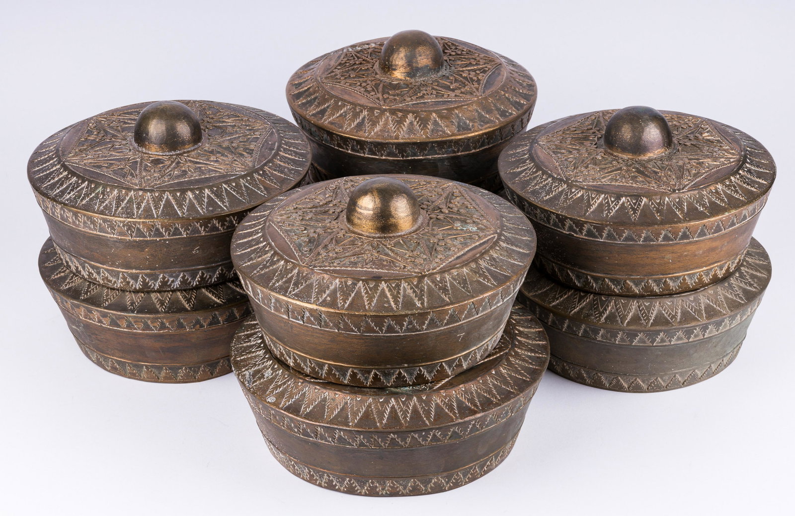 Brass Forged Kulingtang Drums Set of 8: Set of eight maranao brass forge cast kulingtang drums, each with a different tone. Largest approx 10" dia and smallest approx 8.5" dia.