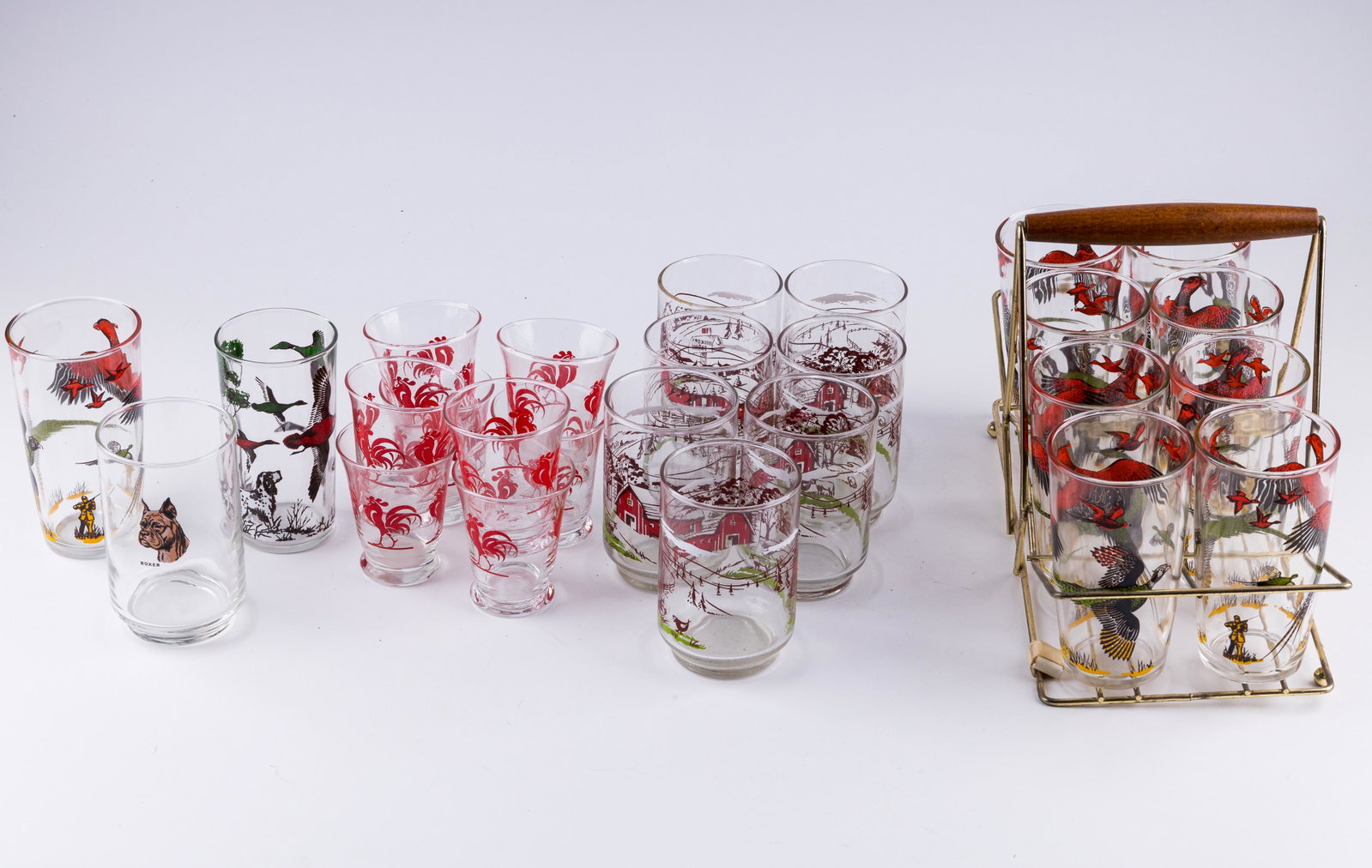 Vintage MCM Peanut Butter Glass Set: Lot of set of eight MCM red pheasant peanut butter glasses in carrier and 17 loose peanut butter glasses with farm scenes, birds, dogs and more.