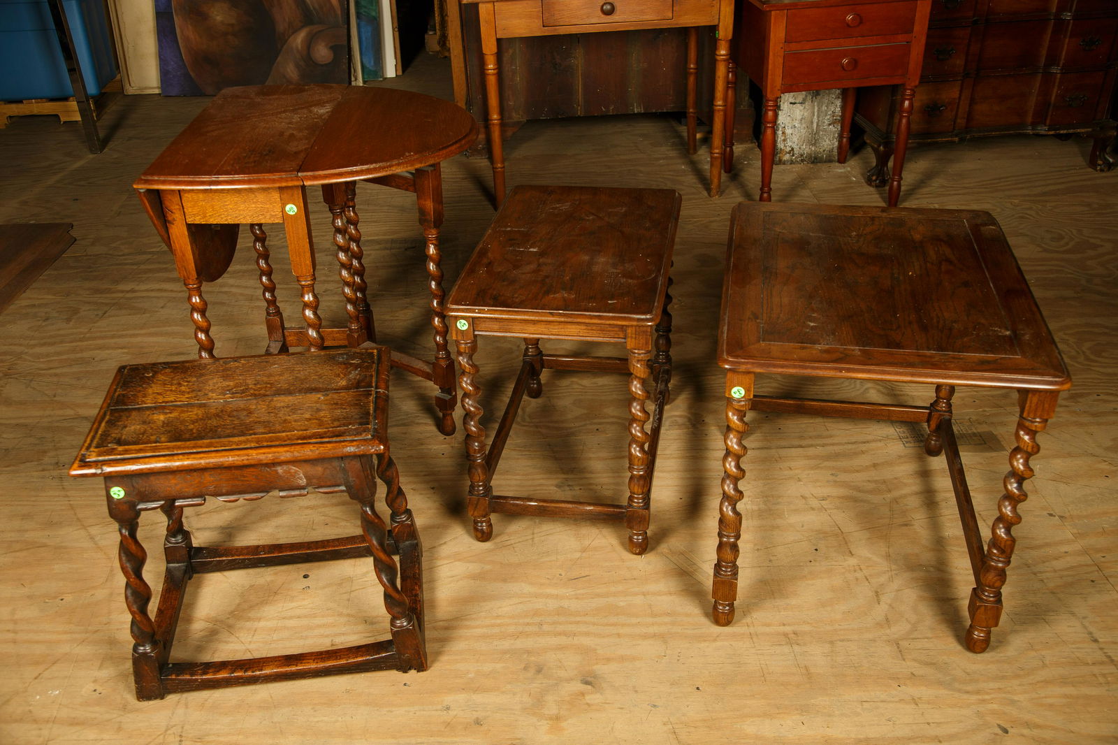 Four Barley Twist Furniture Pieces: Largest measures 19" D x 25" L x 22" H. One is an antique stool 19" tall. Gate leg table missing one swing leg.Furniture Pick-up Availability-We will have staff available at our Hay Street Location on